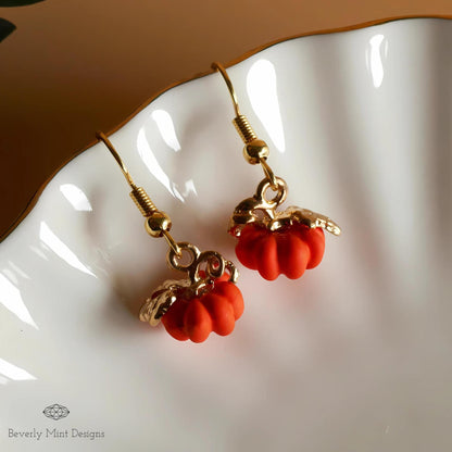 Halloween Pumpkin Earrings, Tiny Cute Pumpkin Dangle Earrings, Orange Pumpkin Fall Jewelry, Sensitive Ear & Clip-On Options