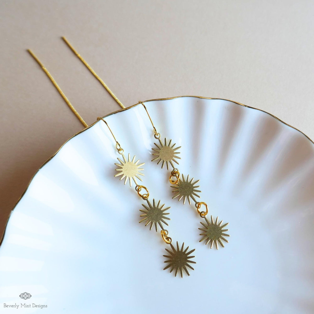 Gold Sunburst Earrings Celestial Drop Earrings Boho Sun Charm Jewelry Statement Dangle Earrings Modern, Sensitive Ear & Clip-On Options