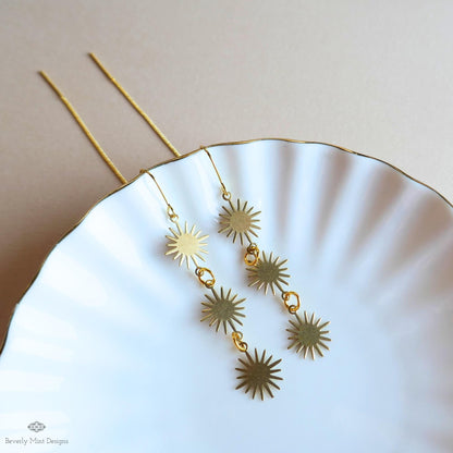 Gold Sunburst Earrings Celestial Drop Earrings Boho Sun Charm Jewelry Statement Dangle Earrings Modern, Sensitive Ear & Clip-On Options