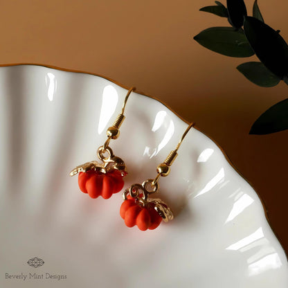 Halloween Pumpkin Earrings, Tiny Cute Pumpkin Dangle Earrings, Orange Pumpkin Fall Jewelry, Sensitive Ear & Clip-On Options