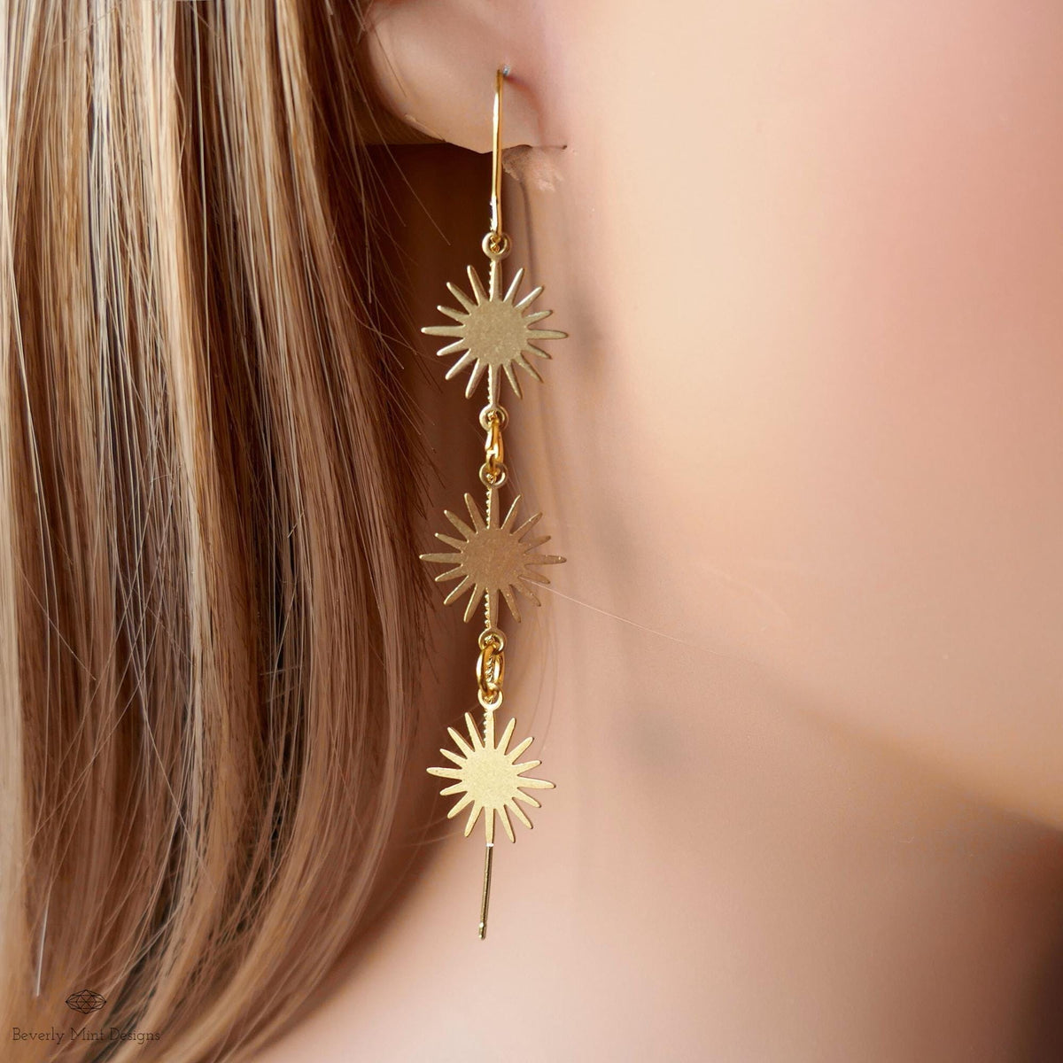 Gold Sunburst Earrings Celestial Drop Earrings Boho Sun Charm Jewelry Statement Dangle Earrings Modern, Sensitive Ear & Clip-On Options