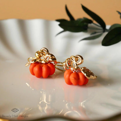 Halloween Pumpkin Earrings, Tiny Cute Pumpkin Dangle Earrings, Orange Pumpkin Fall Jewelry, Sensitive Ear & Clip-On Options
