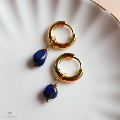 Lapis Earrings, Gold Chunky Huggie Hoop Earrings, Blue Gemstone Drop Earrings, Lapis Lazuli Jewelry, Minimalist Gold Hoops, Blue Earrings