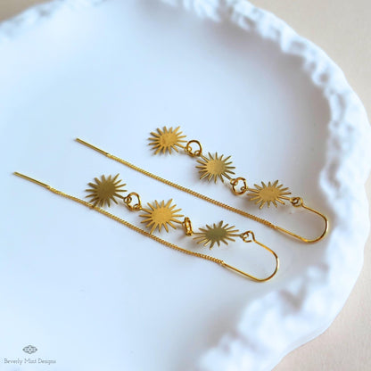 Gold Sunburst Earrings Celestial Drop Earrings Boho Sun Charm Jewelry Statement Dangle Earrings Modern, Sensitive Ear & Clip-On Options