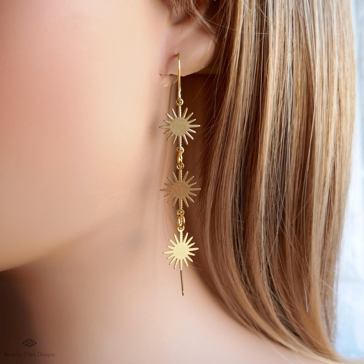 Gold Sunburst Earrings Celestial Drop Earrings Boho Sun Charm Jewelry Statement Dangle Earrings Modern, Sensitive Ear & Clip-On Options