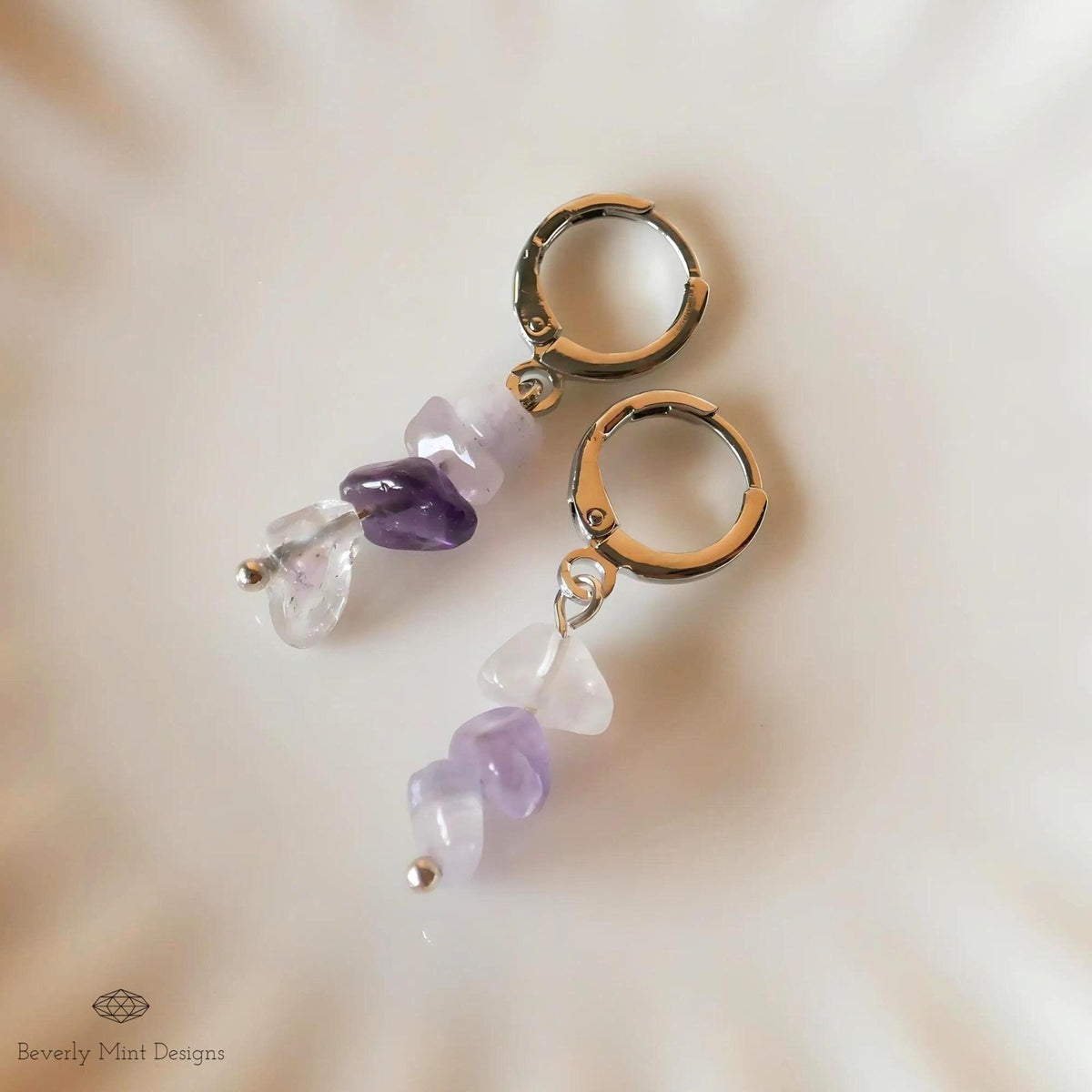 Amethyst Dangle Earrings, Purple Earrings Boho Jewelry, Chakras Stones , Irregular Natural Stone Earrings, Sensitive Ear & Clip-On Options