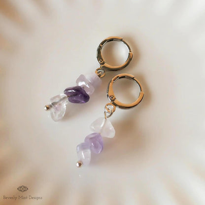 Amethyst Dangle Earrings, Purple Earrings Boho Jewelry, Chakras Stones , Irregular Natural Stone Earrings, Sensitive Ear & Clip-On Options