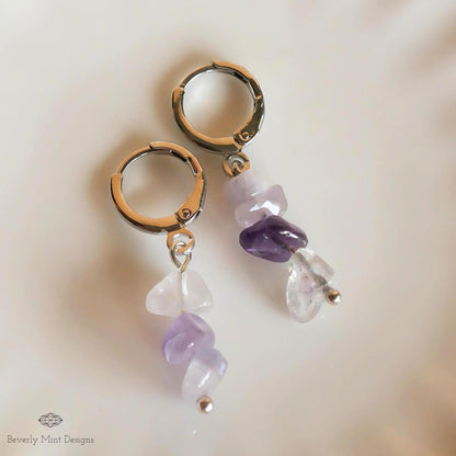 Amethyst Dangle Earrings, Purple Earrings Boho Jewelry, Chakras Stones , Irregular Natural Stone Earrings, Sensitive Ear & Clip-On Options