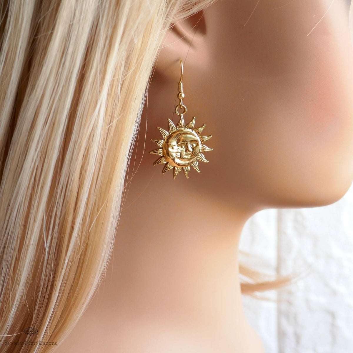 [Etsy 4306294084 image 3/7 id 7748736484] Celestial Sun and Moon Earrings Gold, Statement Sun Earrings, Bold Gold Earrings, Unique Gift For Her