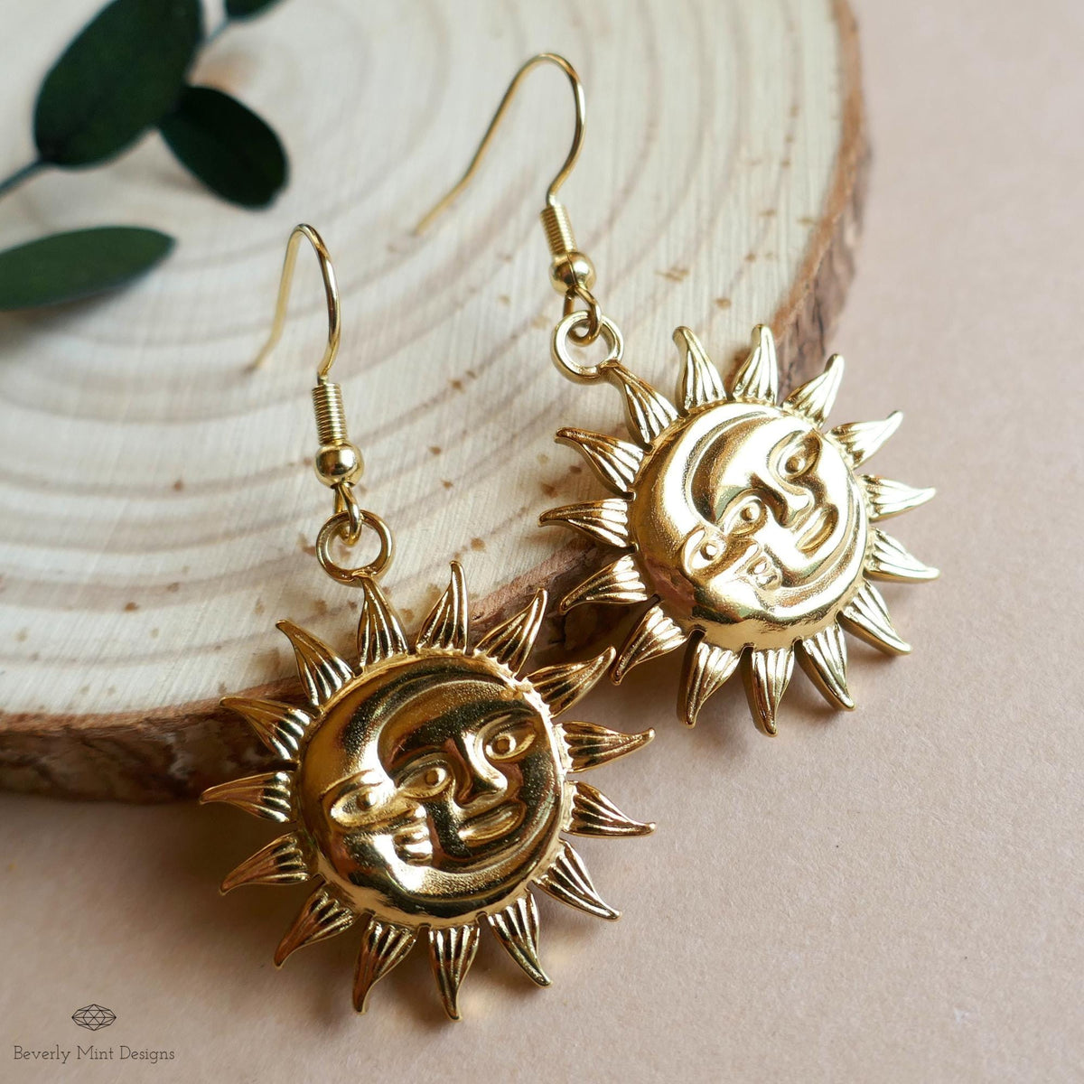[Etsy 4306294084 image 4/7 id 7748736528] Celestial Sun and Moon Earrings Gold, Statement Sun Earrings, Bold Gold Earrings, Unique Gift For Her