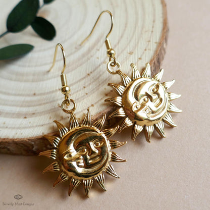 [Etsy 4306294084 image 4/7 id 7748736528] Celestial Sun and Moon Earrings Gold, Statement Sun Earrings, Bold Gold Earrings, Unique Gift For Her