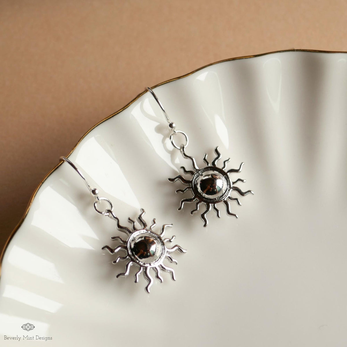 Silver Sun Earrings, Boho Sun Earrings, Bohemian Style Earrings, Silver Sunburst Dangle Earrings, Sensitive Ear & Clip-On Options