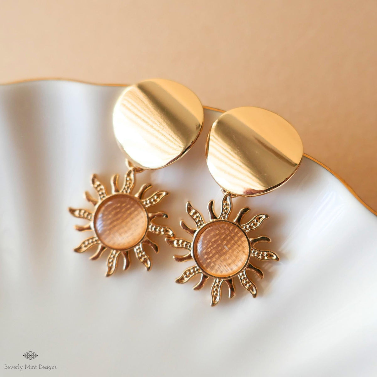 Gold Sun Earrings, Gold Sunburst Boho Style Earrings 18K Gold Disc Earrings, Bohemian Jewelry, Sensitive Ear & Clip-On Options