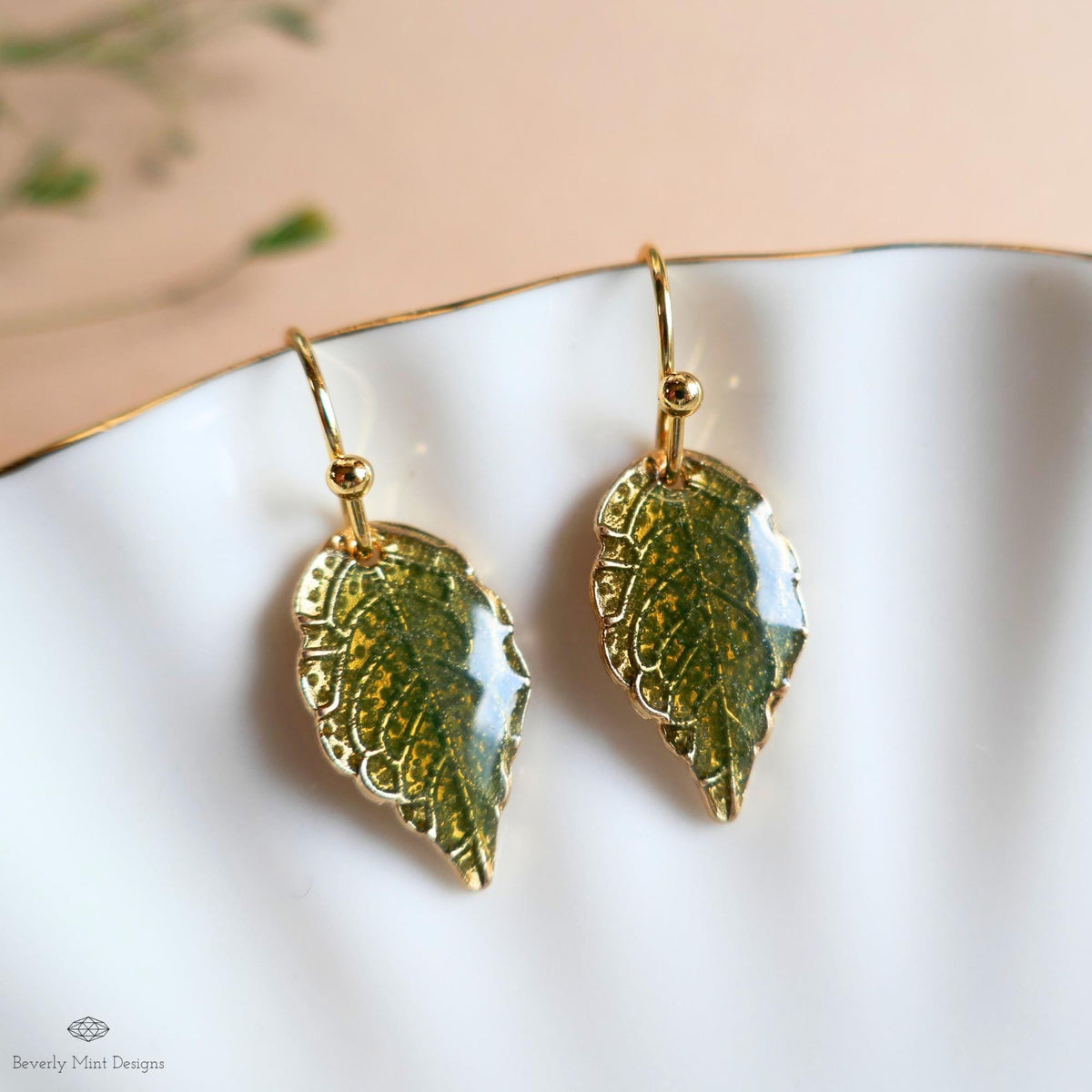 Green Leaf Earrings, Gold Botanical Dangles, Nature Inspired Jewelry, Lightweight Hook Earrings, Garden, Sensitive Ear & Clip-On Options
