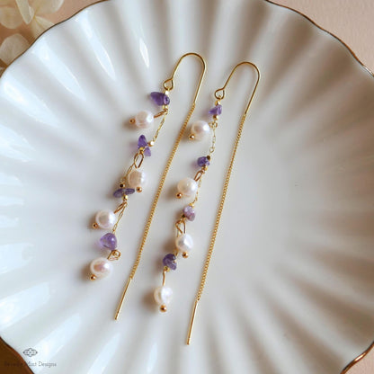 Freshwater Pearl Amethyst Threader Earrings, Natural Freshwater Pearl , Bridal Jewelry, Sensitive Ear & Clip-On Options
