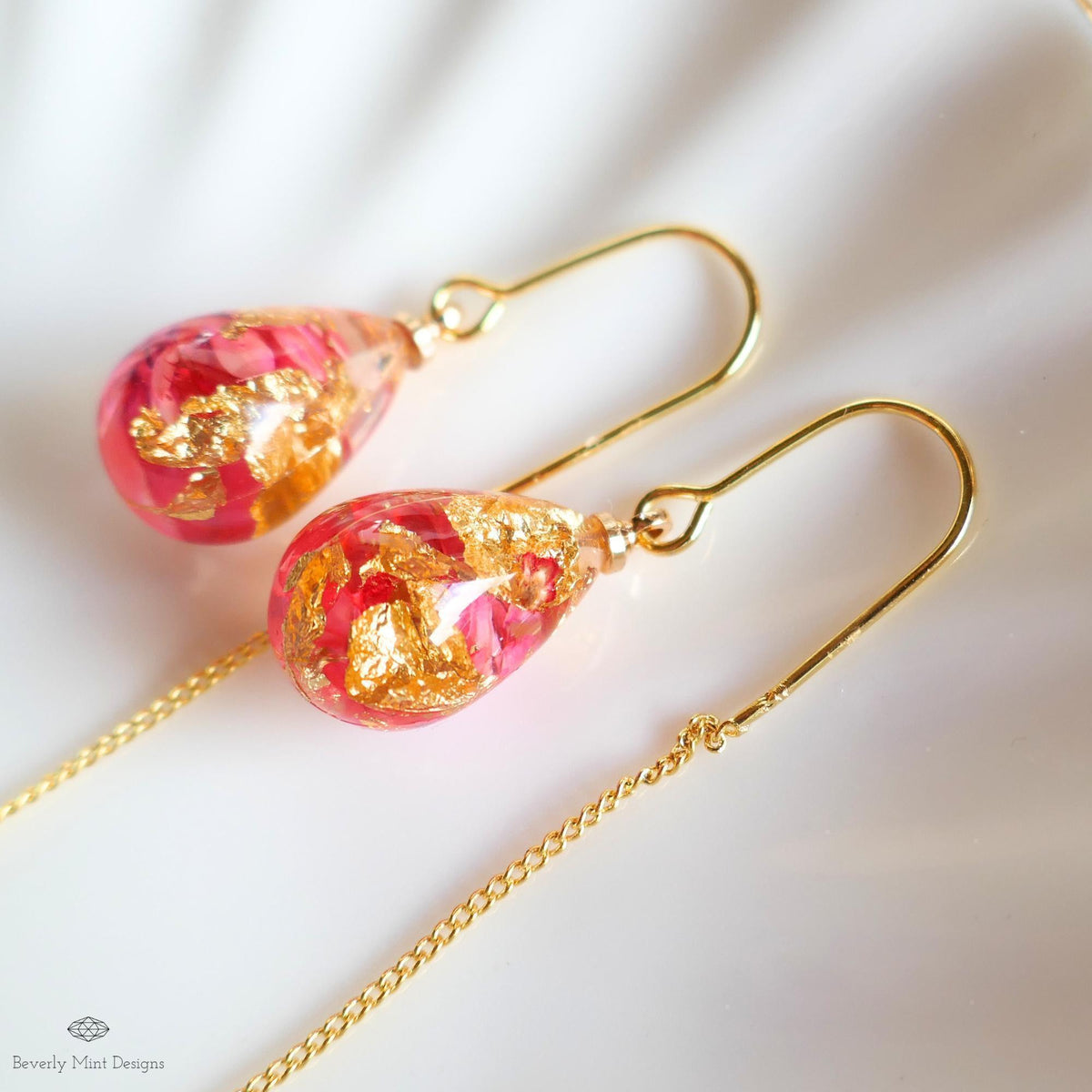 Red Pink Dry Flower Resin Pressed Flower Threader Earrings Floral Drop Earrings Gold Chain Botanical, Sensitive Ear & Clip-On Options