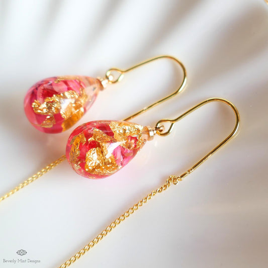 Red Pink Dry Flower Resin Pressed Flower Threader Earrings Floral Drop Earrings Gold Chain Botanical, Sensitive Ear & Clip-On Options