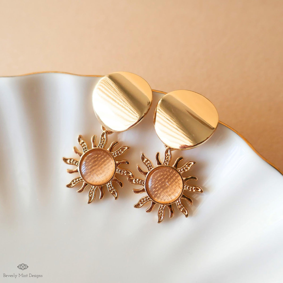 Gold Sun Earrings, Gold Sunburst Boho Style Earrings 18K Gold Disc Earrings, Bohemian Jewelry, Sensitive Ear & Clip-On Options