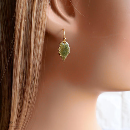 Green Leaf Earrings, Gold Botanical Dangles, Nature Inspired Jewelry, Lightweight Hook Earrings, Garden, Sensitive Ear & Clip-On Options