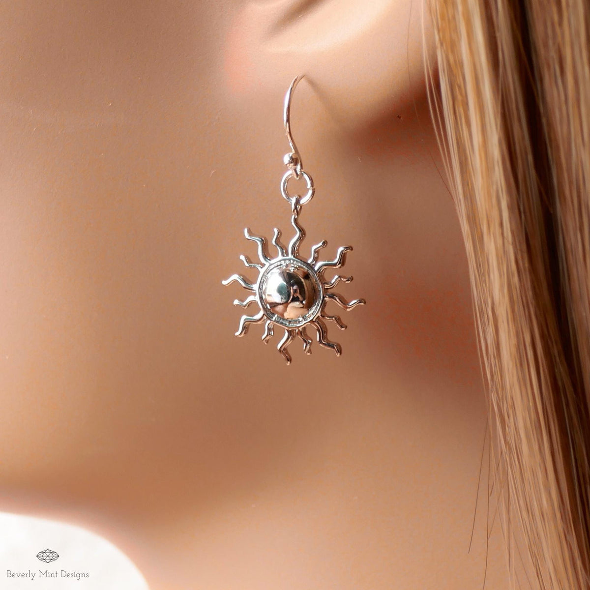 Silver Sun Earrings, Boho Sun Earrings, Bohemian Style Earrings, Silver Sunburst Dangle Earrings, Sensitive Ear & Clip-On Options