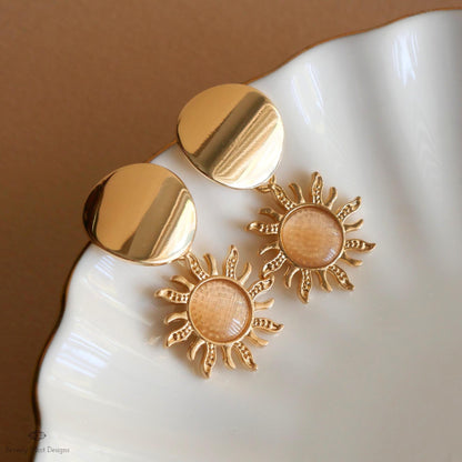 Gold Sun Earrings, Gold Sunburst Boho Style Earrings 18K Gold Disc Earrings, Bohemian Jewelry, Sensitive Ear & Clip-On Options