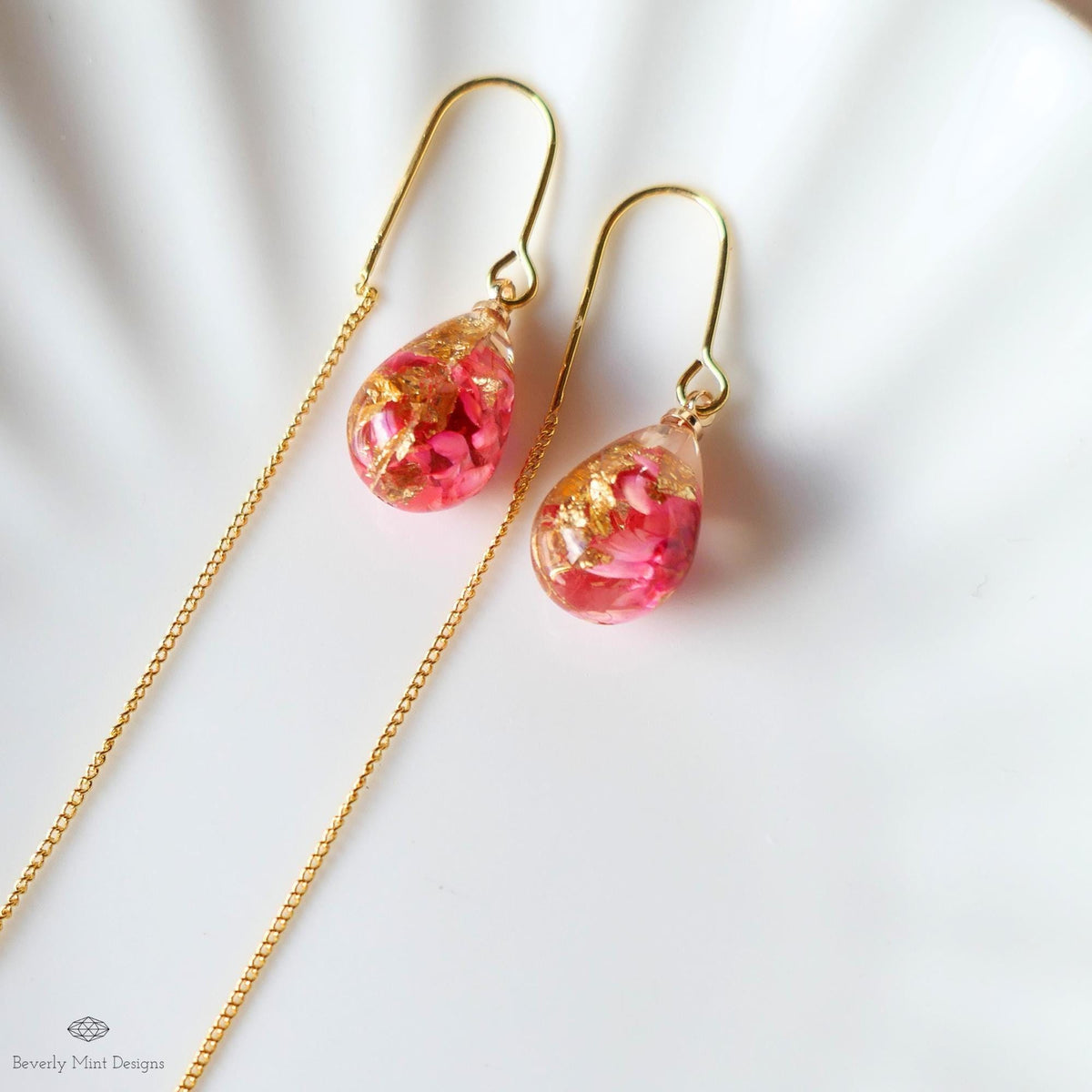 Red Pink Dry Flower Resin Pressed Flower Threader Earrings Floral Drop Earrings Gold Chain Botanical, Sensitive Ear & Clip-On Options