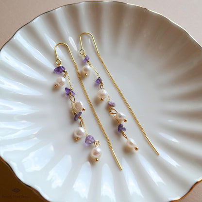 Freshwater Pearl Amethyst Threader Earrings, Natural Freshwater Pearl , Bridal Jewelry, Sensitive Ear & Clip-On Options