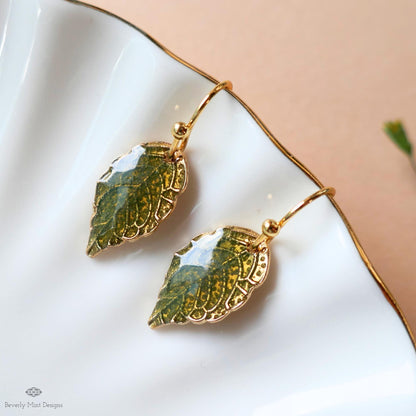 Green Leaf Earrings, Gold Botanical Dangles, Nature Inspired Jewelry, Lightweight Hook Earrings, Garden, Sensitive Ear & Clip-On Options
