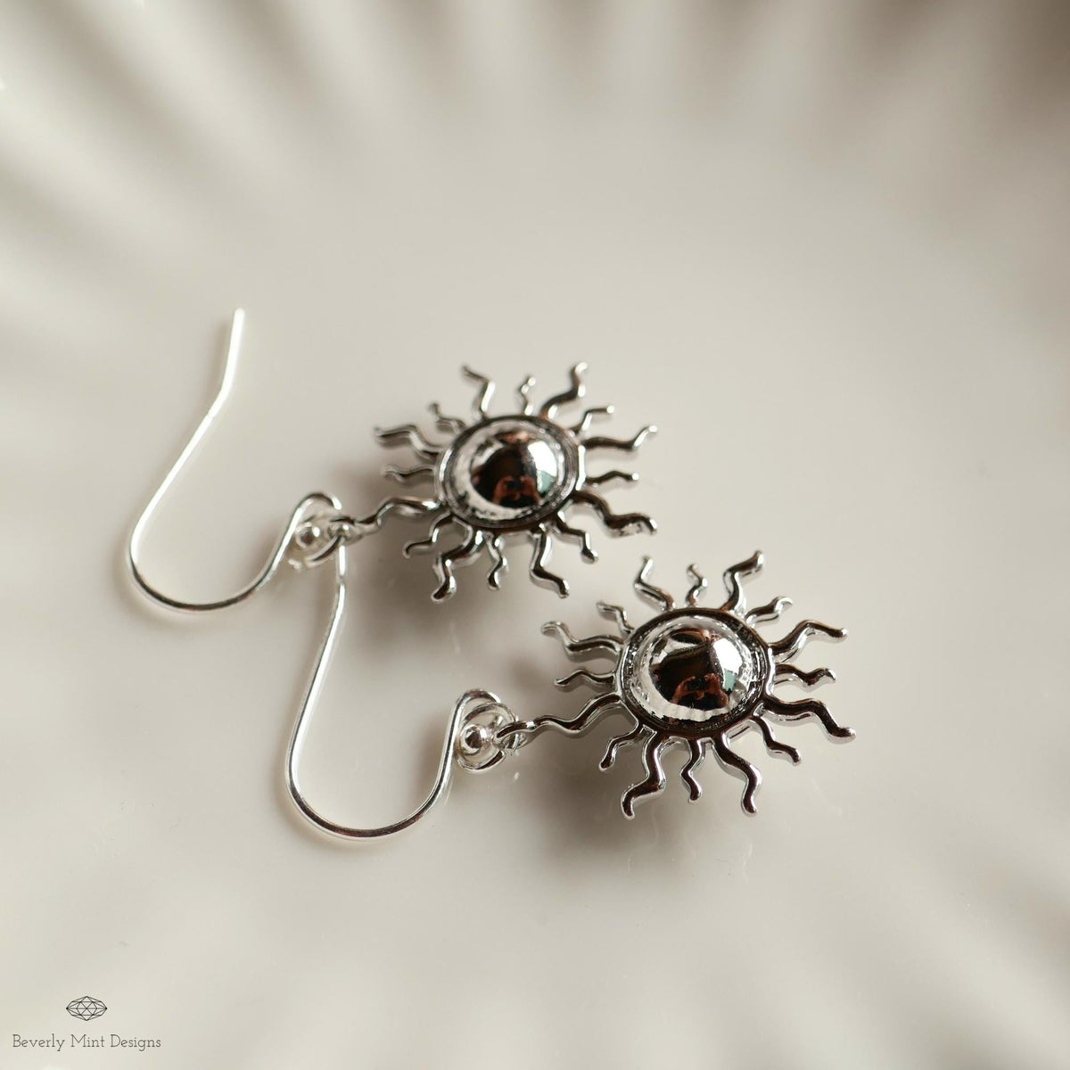 Silver Sun Earrings, Boho Sun Earrings, Bohemian Style Earrings, Silver Sunburst Dangle Earrings, Sensitive Ear & Clip-On Options