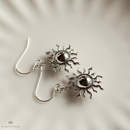 Silver Sun Earrings, Boho Sun Earrings, Bohemian Style Earrings, Silver Sunburst Dangle Earrings, Sensitive Ear & Clip-On Options