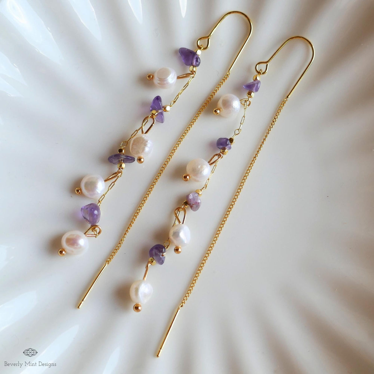 Freshwater Pearl Amethyst Threader Earrings, Natural Freshwater Pearl , Bridal Jewelry, Sensitive Ear & Clip-On Options