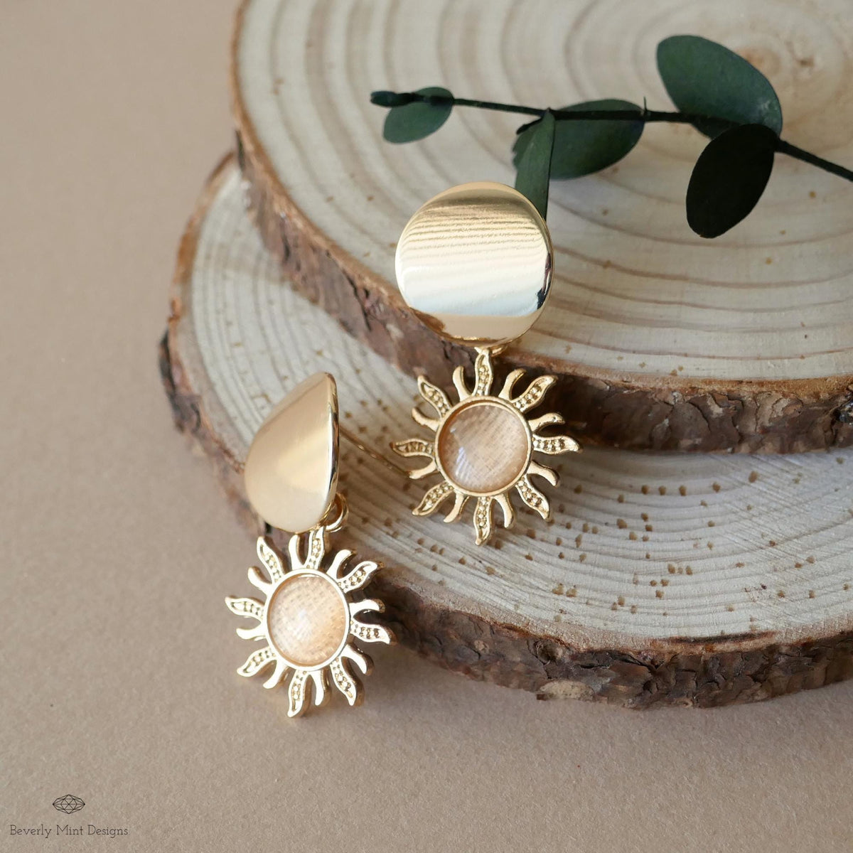 Gold Sun Earrings, Gold Sunburst Boho Style Earrings 18K Gold Disc Earrings, Bohemian Jewelry, Sensitive Ear & Clip-On Options