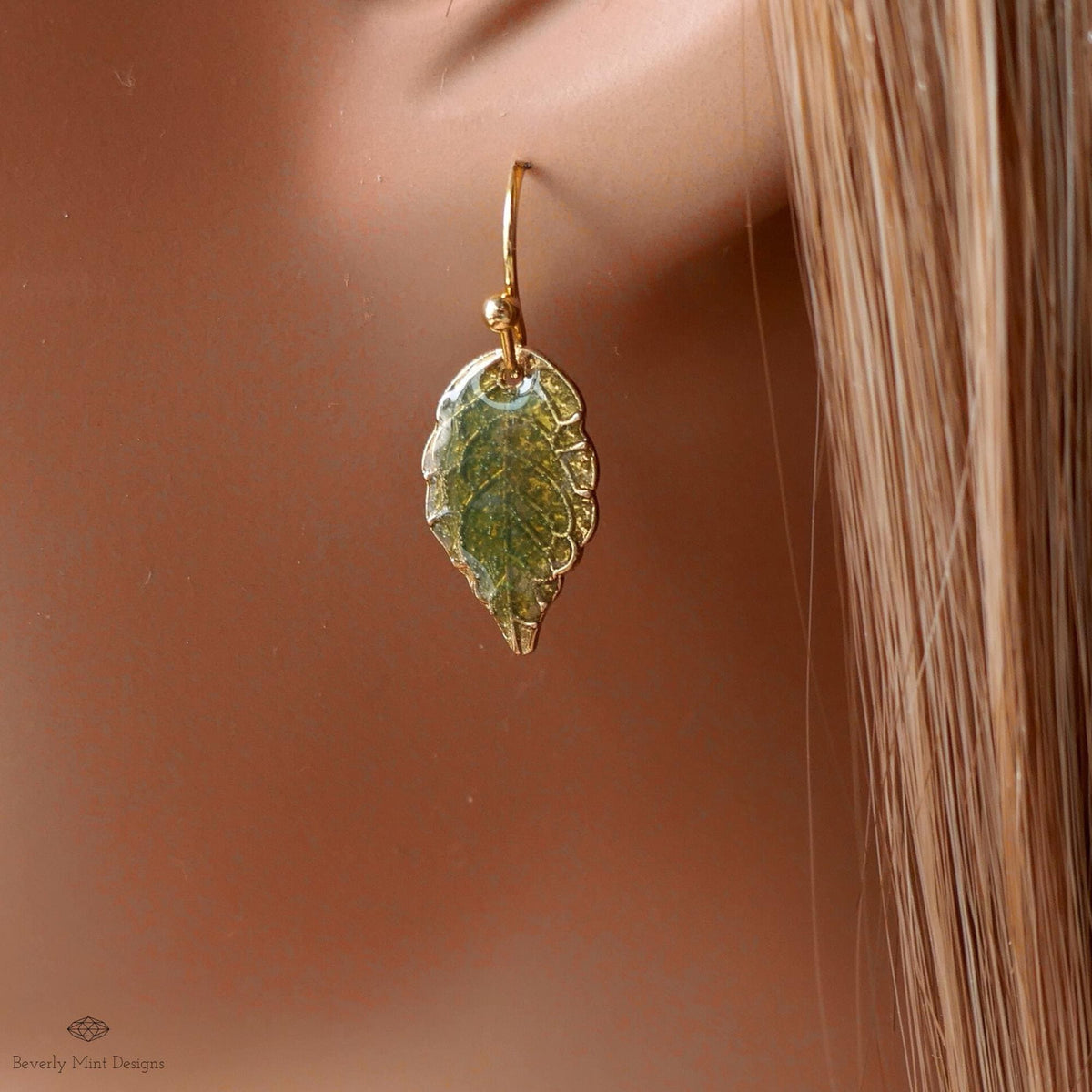 Green Leaf Earrings, Gold Botanical Dangles, Nature Inspired Jewelry, Lightweight Hook Earrings, Garden, Sensitive Ear & Clip-On Options