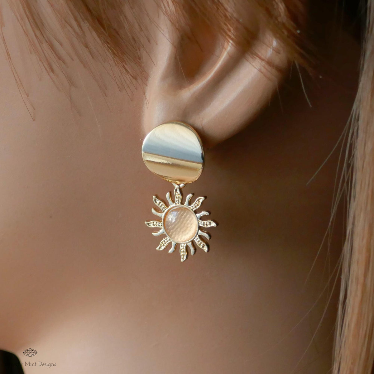 Gold Sun Earrings, Gold Sunburst Boho Style Earrings 18K Gold Disc Earrings, Bohemian Jewelry, Sensitive Ear & Clip-On Options