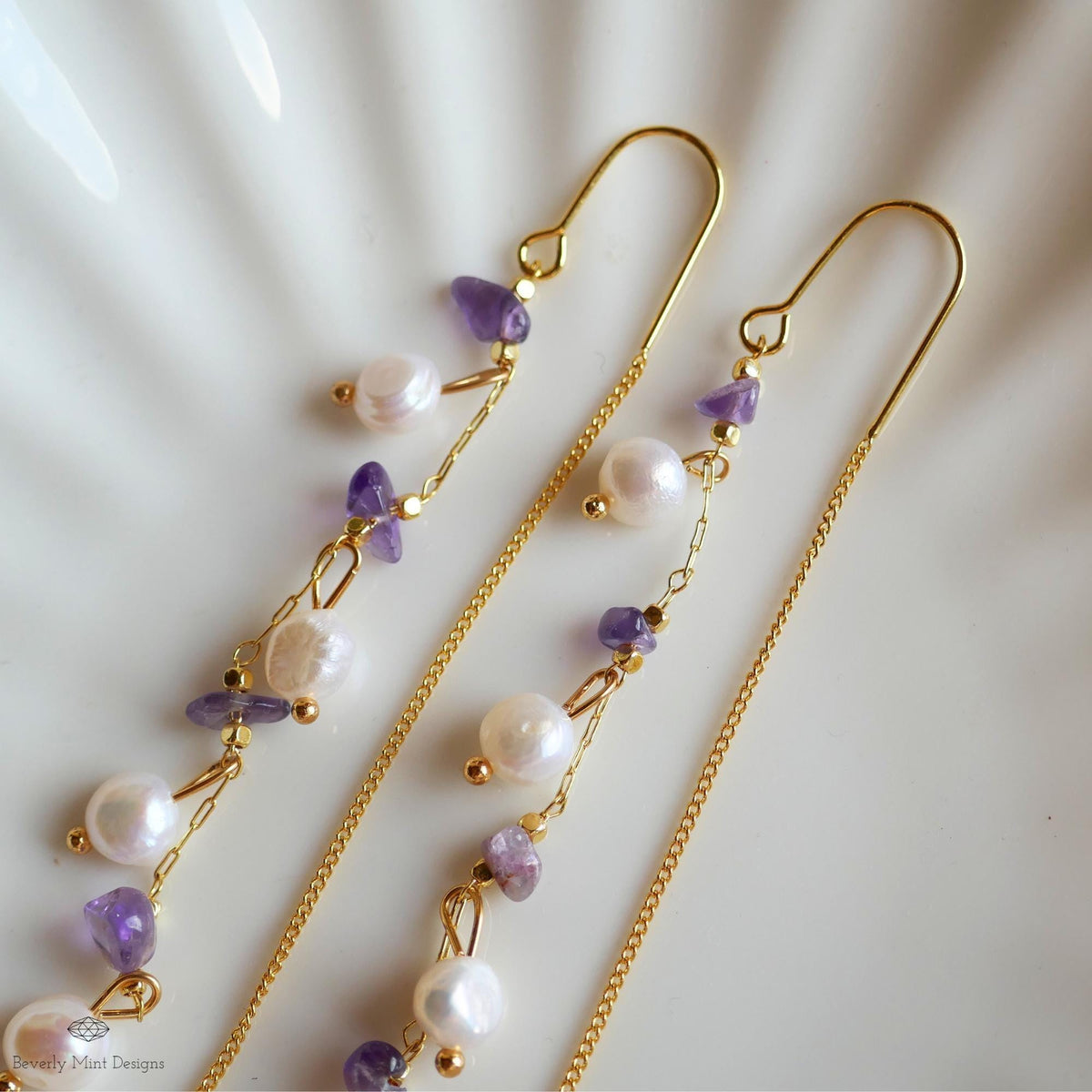 Freshwater Pearl Amethyst Threader Earrings, Natural Freshwater Pearl , Bridal Jewelry, Sensitive Ear & Clip-On Options