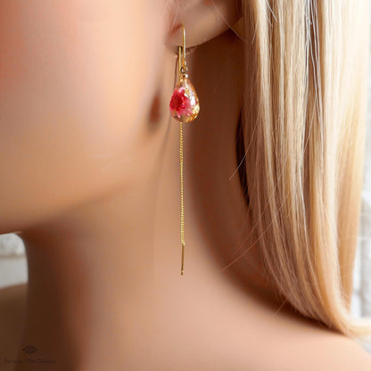 Red Pink Dry Flower Resin Pressed Flower Threader Earrings Floral Drop Earrings Gold Chain Botanical, Sensitive Ear & Clip-On Options