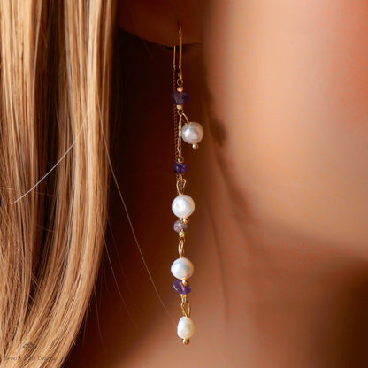 Freshwater Pearl Amethyst Threader Earrings, Natural Freshwater Pearl , Bridal Jewelry, Sensitive Ear & Clip-On Options