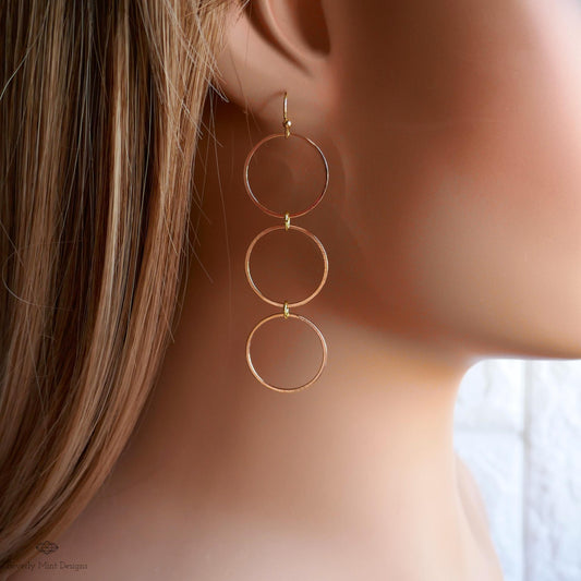 Gold Hoop Dangle Earrings, Long Circle Drop Earrings, Lightweight Geometric Statement Jewelry, Sensitive Ear & Clip-On Options