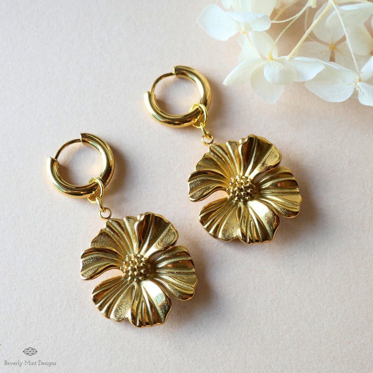 Gold Flower Statement Earrings, Elegant Weighty Floral Earrings, Bold Dangle Earrings with Heft,  Nature Inspired Jewelry