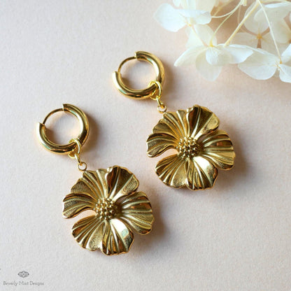 Gold Flower Statement Earrings, Elegant Weighty Floral Earrings, Bold Dangle Earrings with Heft,  Nature Inspired Jewelry