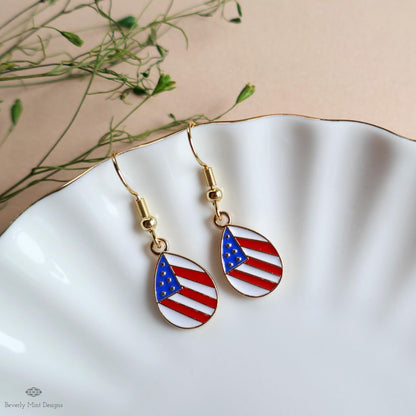 Teardrop Patriotic USA Flag Earrings, Red White Blue Dangle Jewelry, USA 4th of July Earrings, Sensitive Ear & Clip-On Options