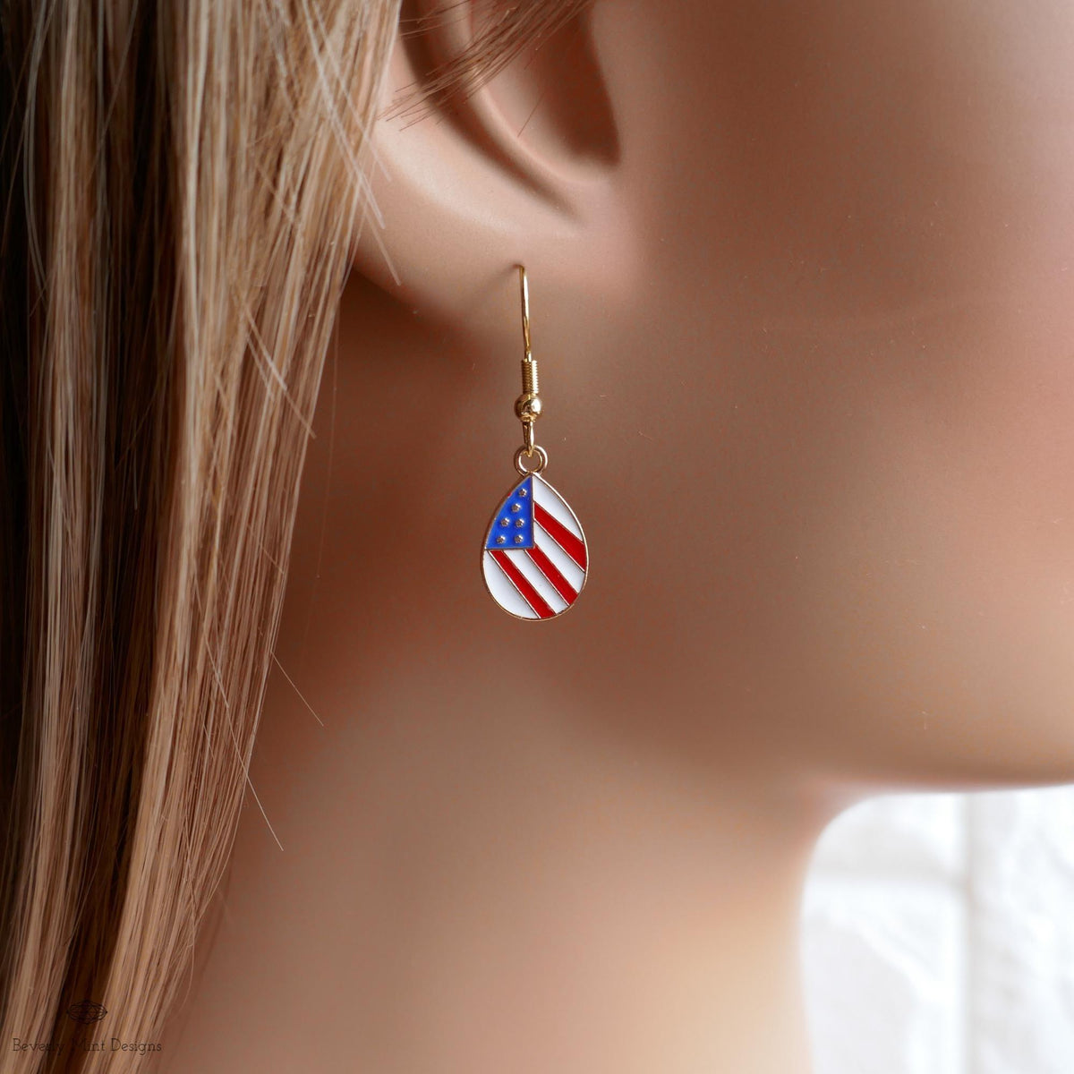 Teardrop Patriotic USA Flag Earrings, Red White Blue Dangle Jewelry, USA 4th of July Earrings, Sensitive Ear & Clip-On Options