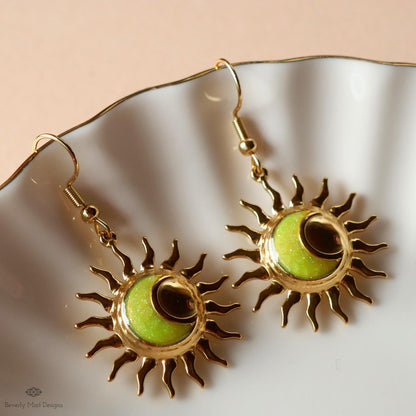 Gold Sun and Moon Earrings, Celestial Dangle Earrings, Boho Cosmic Jewelry, Minimalist Festival Accessories, Sensitive Ear & Clip-On Options