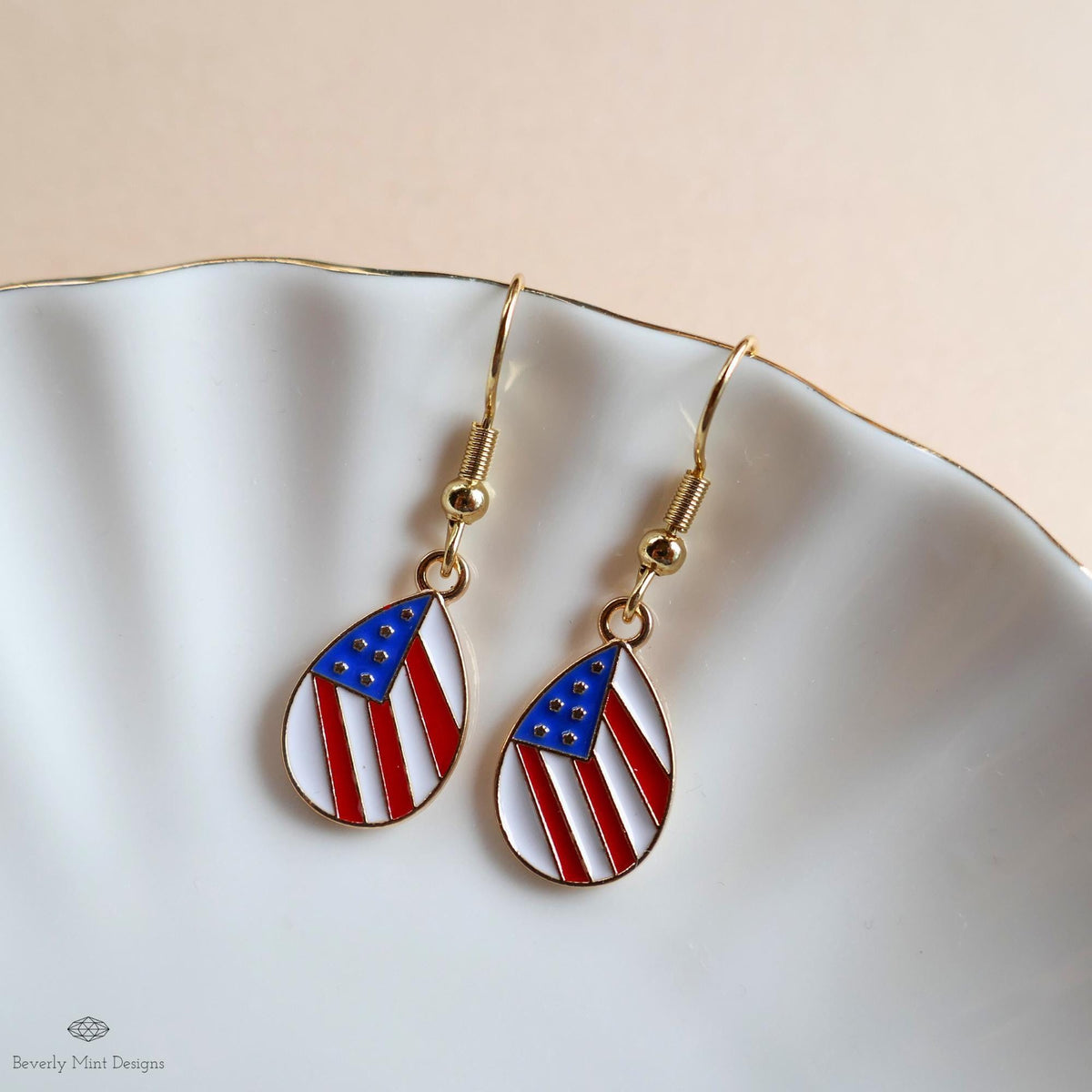 Teardrop Patriotic USA Flag Earrings, Red White Blue Dangle Jewelry, USA 4th of July Earrings, Sensitive Ear & Clip-On Options