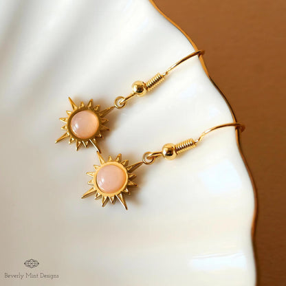Sun Earrings ,Boho Sun Earrings 18K Gold Plated Small Earrings, Pink Earrings , Boho Style Earrings, Sensitive Ear & Clip-On Options