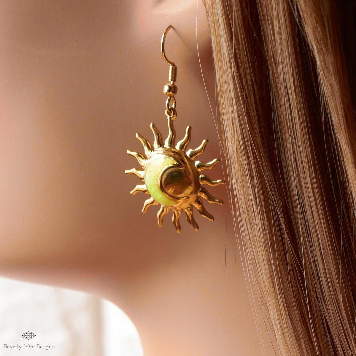 Gold Sun and Moon Earrings, Celestial Dangle Earrings, Boho Cosmic Jewelry, Minimalist Festival Accessories, Sensitive Ear & Clip-On Options