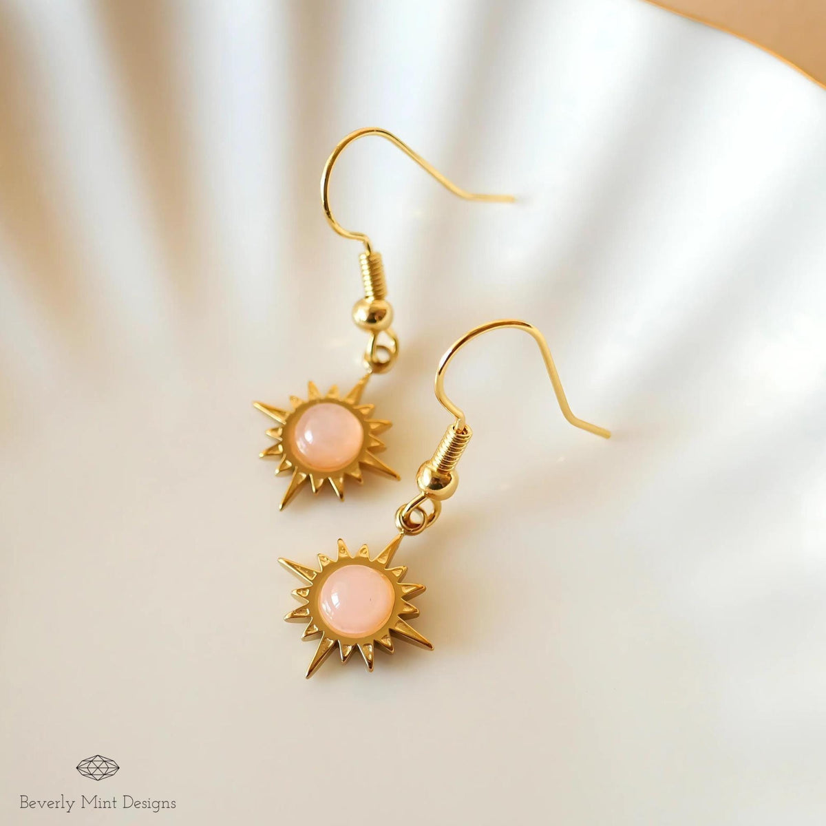 Sun Earrings ,Boho Sun Earrings 18K Gold Plated Small Earrings, Pink Earrings , Boho Style Earrings, Sensitive Ear & Clip-On Options