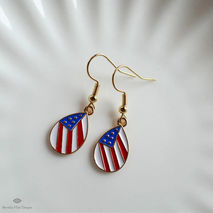 Teardrop Patriotic USA Flag Earrings, Red White Blue Dangle Jewelry, USA 4th of July Earrings, Sensitive Ear & Clip-On Options