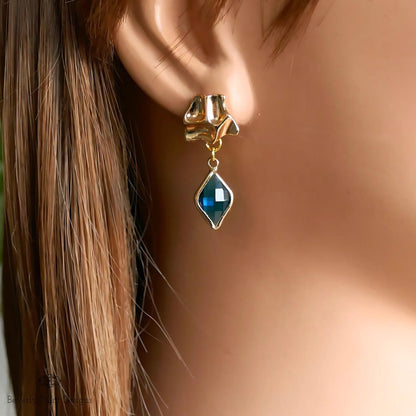 Gold Sculptural Earrings, Blue Stone Dangle Earrings, Modern Statement Jewelry for Women