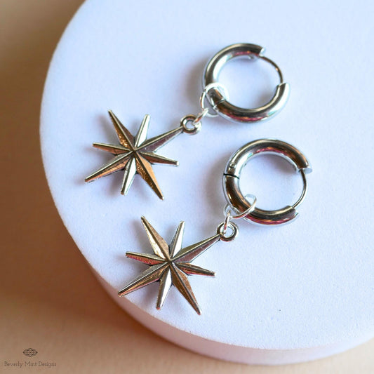 Silver Star Hoop Earrings, North Star Dangle Hoops, Celestial Jewelry for Women, Minimalist Star Earrings, Cosmic